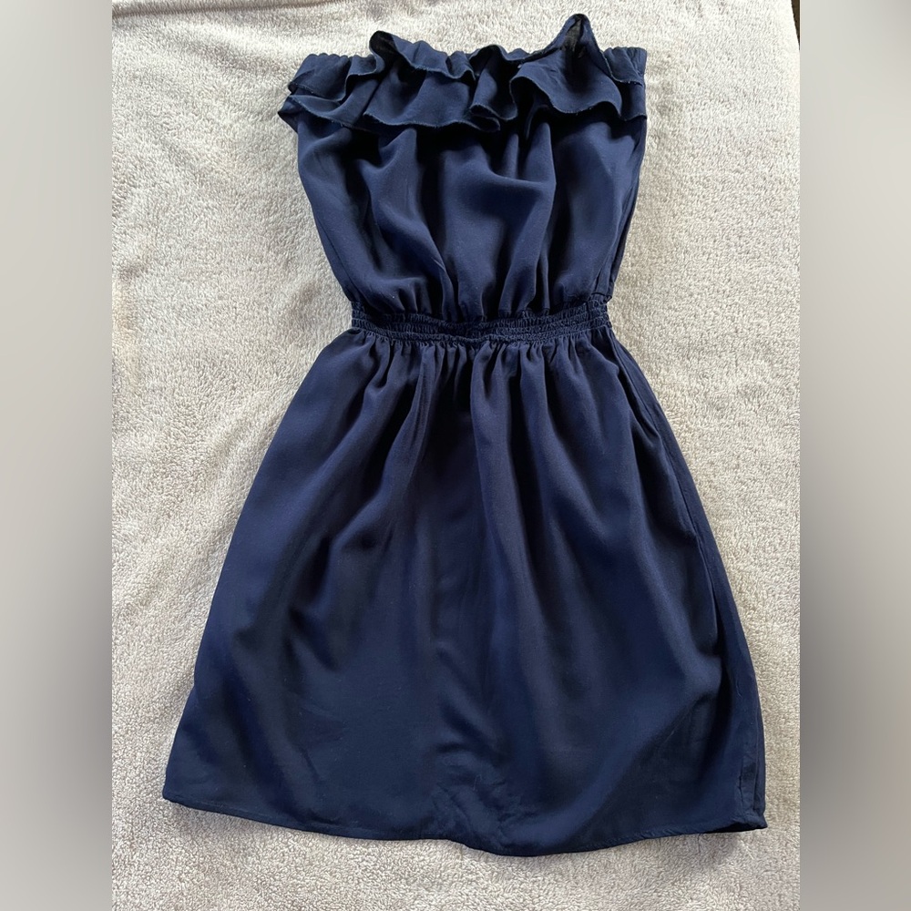 Elegant Navy Blue Ruffle Dress By Spring Street Size M
